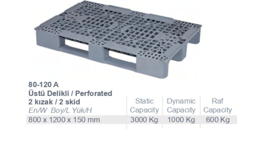 80x120 Üstü Delikli 2 Kızaklı plastik palet