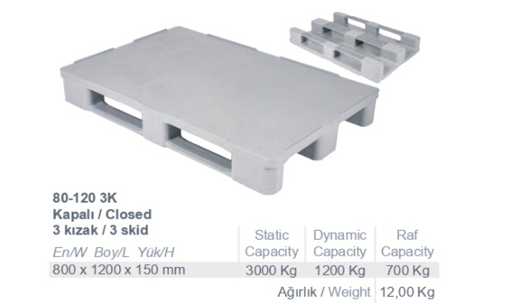 80x120 Kapalı 3 Kızaklı plastik palet