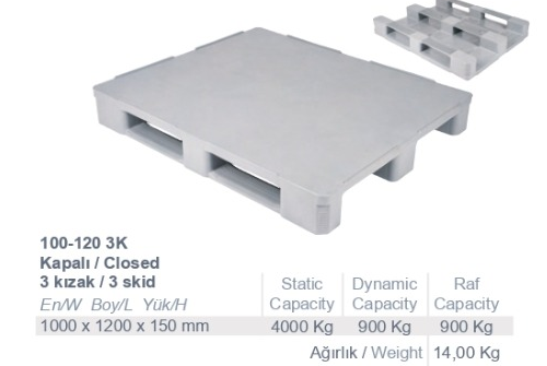 100x120 Kapalı 3 Kızaklı plastik palet