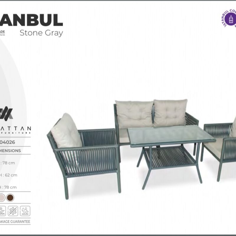 İstanbul taş grisi rattan bahçe mobilya takımı - 2 berjer, ikili kanepe ve cam sehpa