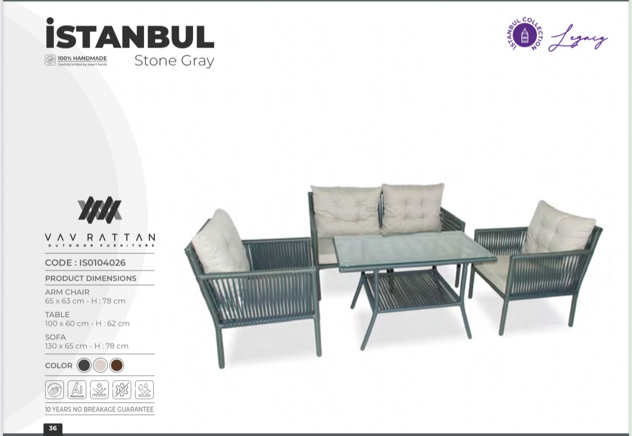 İstanbul taş grisi rattan bahçe mobilya takımı - 2 berjer, ikili kanepe ve cam sehpa