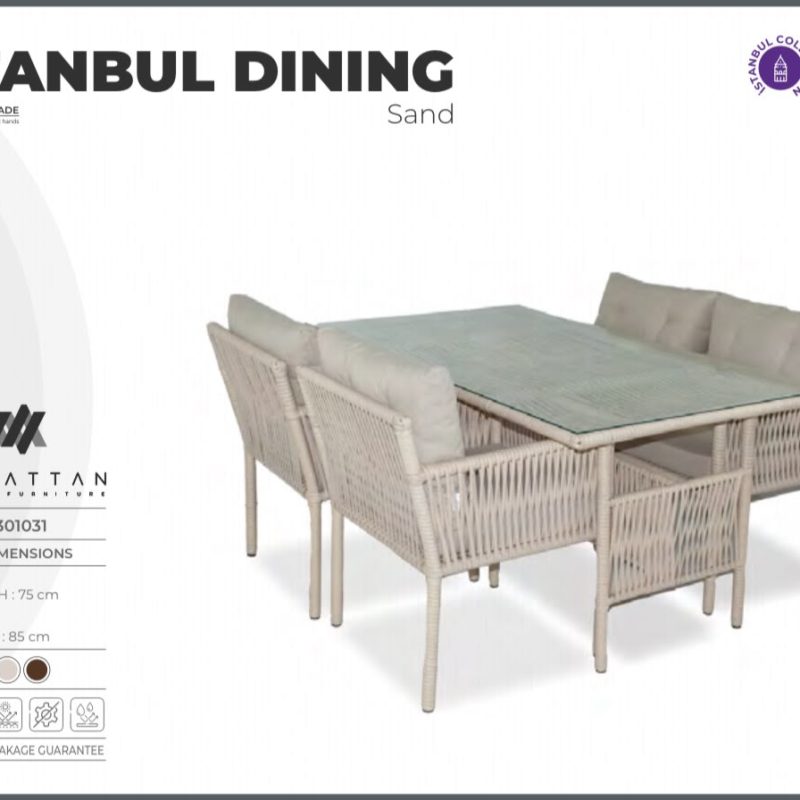 İstanbul Dining kum rengi rattan bahçe yemek takımı - cam masa ve oturma grubu