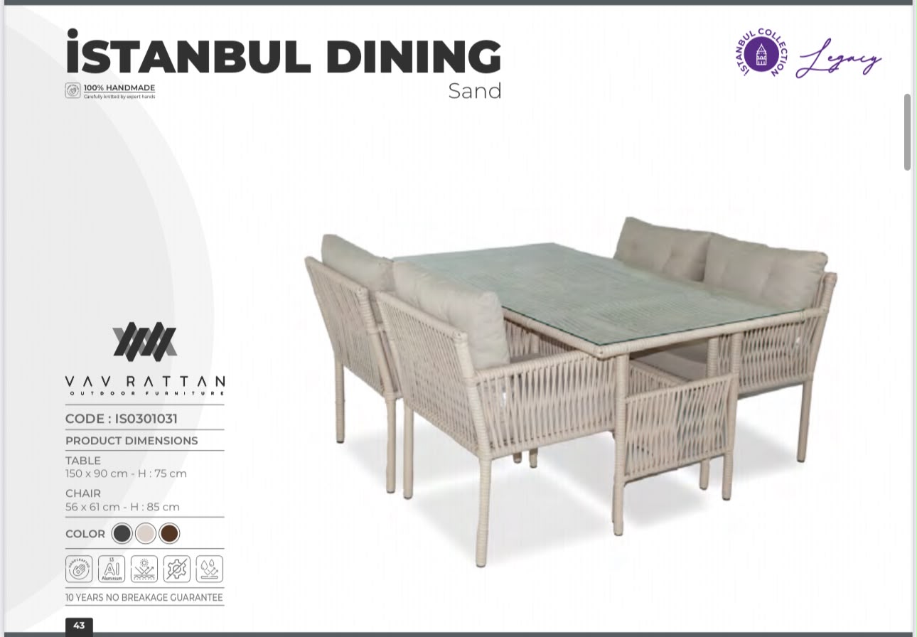 İstanbul Dining kum rengi rattan bahçe yemek takımı - cam masa ve oturma grubu