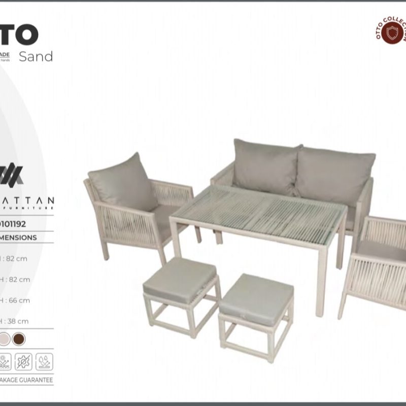 Otto kum rengi rattan bahçe mobilya takımı - 2 berjer, ikili kanepe, cam sehpa ve 2 puf